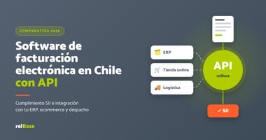 Diagrama de un ERP, una tienda online y un sistema logístico conectados por API a relBase para emitir documentos electrónicos ante el SII